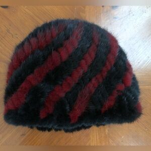 Elegant Black and Red Striped Knitted Mink Fur Beanie Hat
